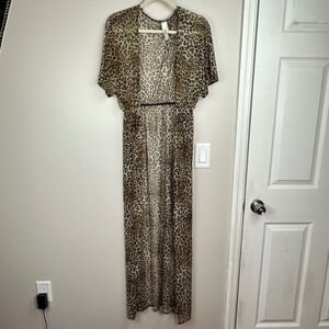 Cacia Womens Leopard Print Sheer Mesh Maxi Duster Open Front Kimono XL USA